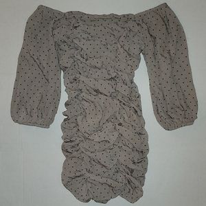 Fashion Nova  scrunched roushing polka dot off shoulder strapless flowy dress